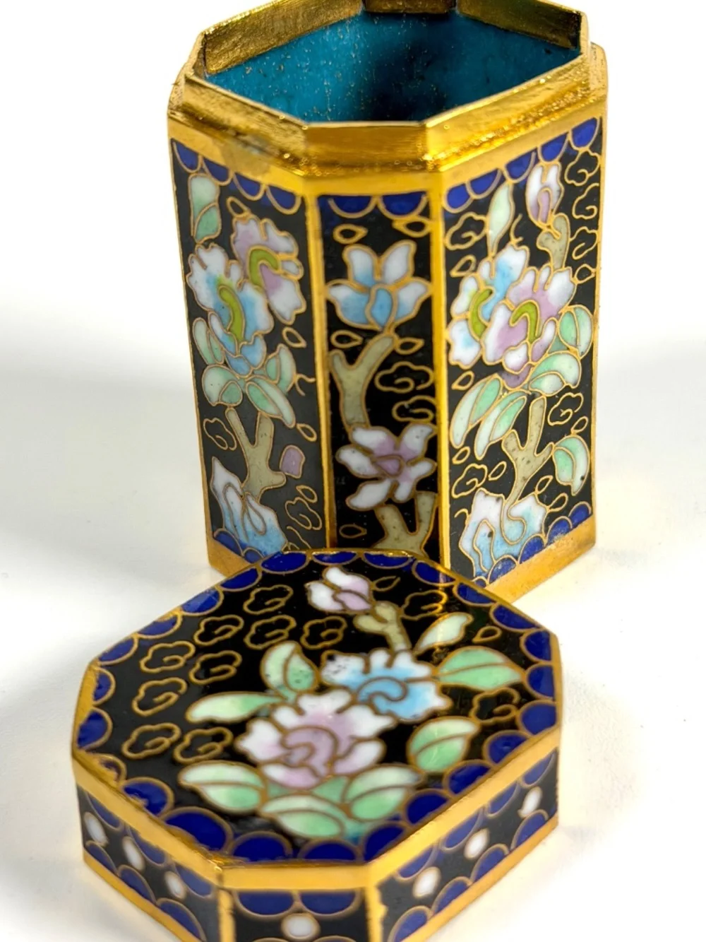 Vintage Chinese Cloisonné Small Canister Jar Set - 8 canisters w/ Original Box